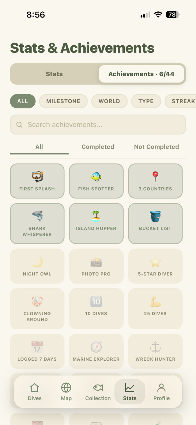 Achievements screen in Descend