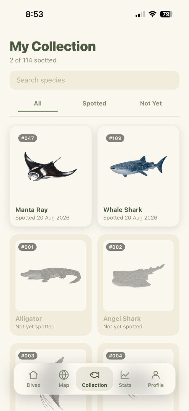 My Collection species screen in Descend