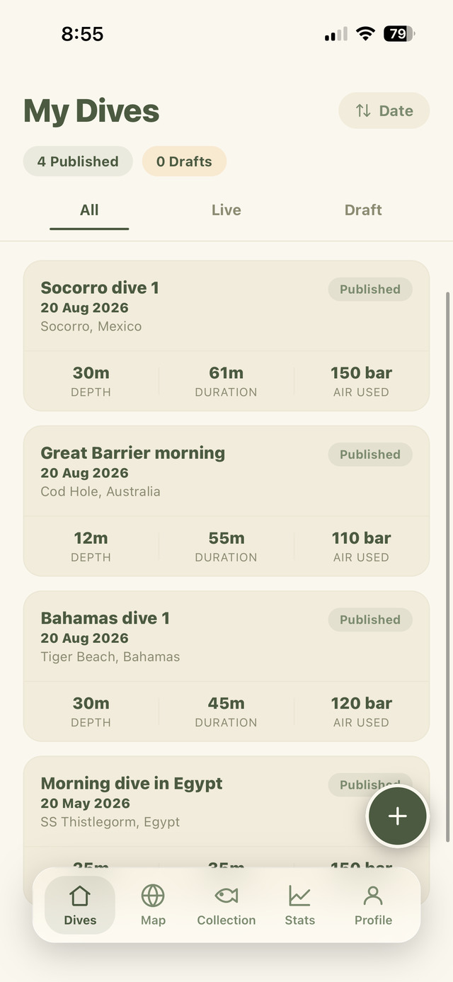 My Dives list screen in Descend